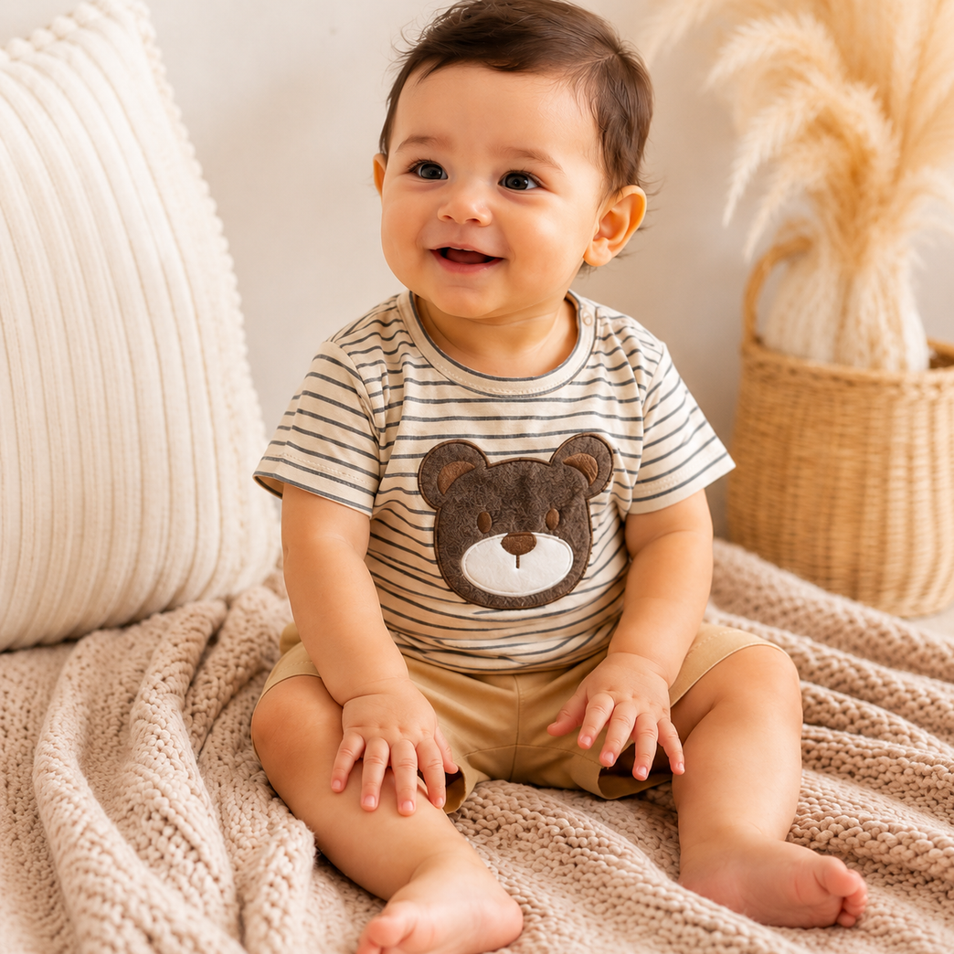 Bear Print Newborn Baby Clothing Set for Boys & Girls – Striped Cotton T-Shirt & Shorts Co-ord Set | Soft Summer Outfit for Infants