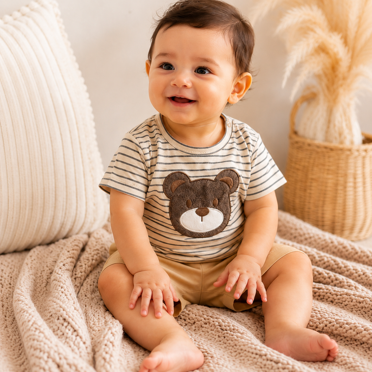 Bear Print Newborn Baby Clothing Set for Boys & Girls – Striped Cotton T-Shirt & Shorts Co-ord Set | Soft Summer Outfit for Infants