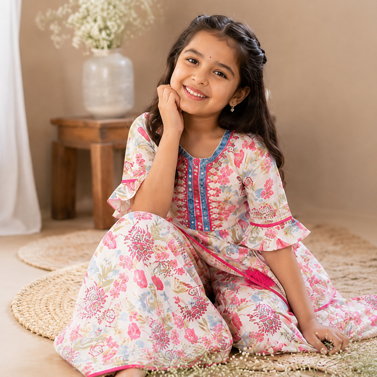 Floral Printed Kurta with Embroidered Sharara Set | White &amp; Pink Ethnic Festive Wear for Kids | Traditional Co-ord Outfit