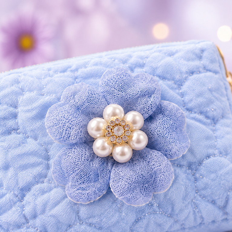 Floral Quilted Coin Purse Girls | Mini Zipper Wallet with Pearl Flower Charm, Keychain Ring | Cute Cash, Coin & Earbuds Pouch (Multi-Color)