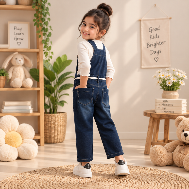 Girls Blue Denim Dungaree with Embellished Details | Stylish Kids Overalls| 6-7 years