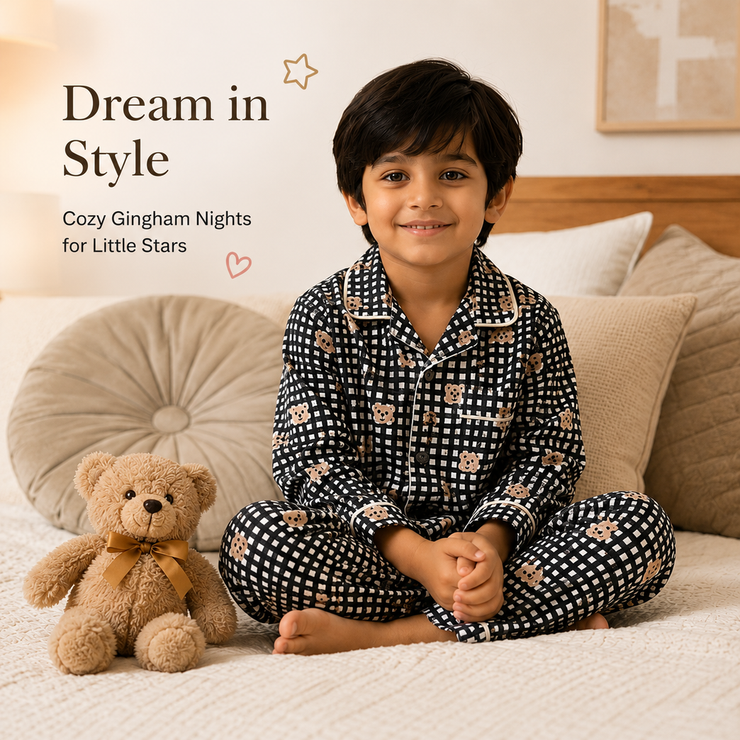 DOREME Kids Premium Cotton Teddy Bear Checkered Night Suit Set | Full Sleeve Shirt &amp; Pajama Sleepwear for Boys &amp; Girls