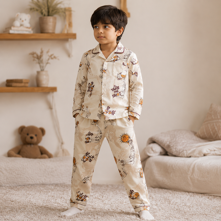 DOREME Premium Kids Basketball Print Cotton Night Suit Set | Half Sleeve Shirt &amp; Pyjama Co-ord Sleepwear for Boys
