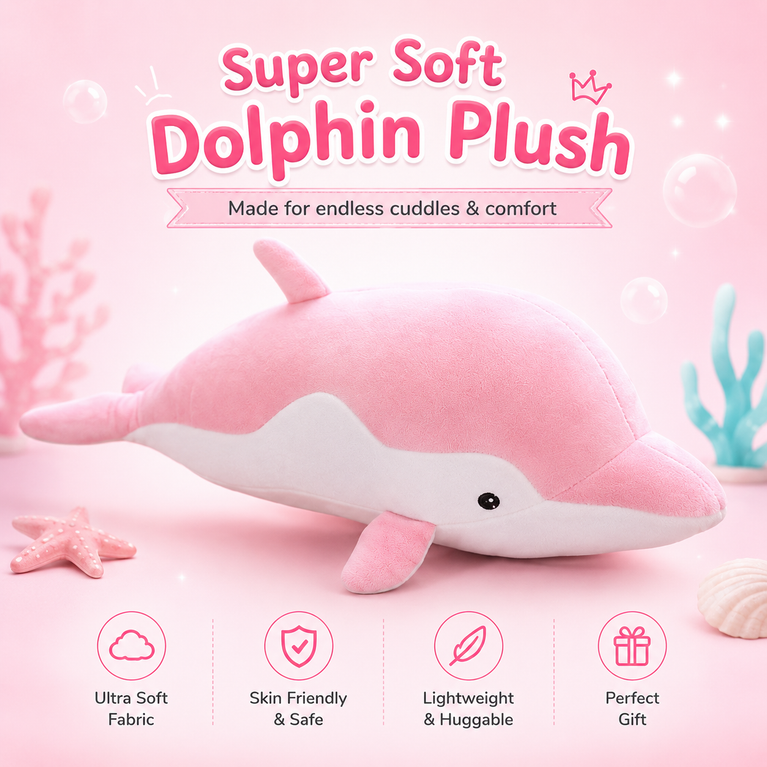 Nino’s Soft Pink Dolphin Plush Toy – Ultra-Cuddly Ocean Animal Stuffed Pillow for Kids