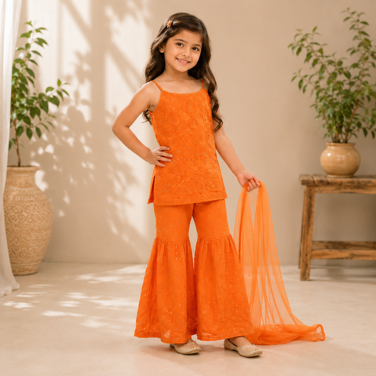 Embroidered Sharara Set with Soft Dupatta | Ethnic Party Wear | Festive Outfit for Kids