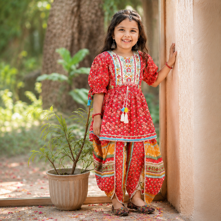 Krazy Girls Dhoti Style Peplum Red Kurti with Multicolor Digital Print and Mirror work