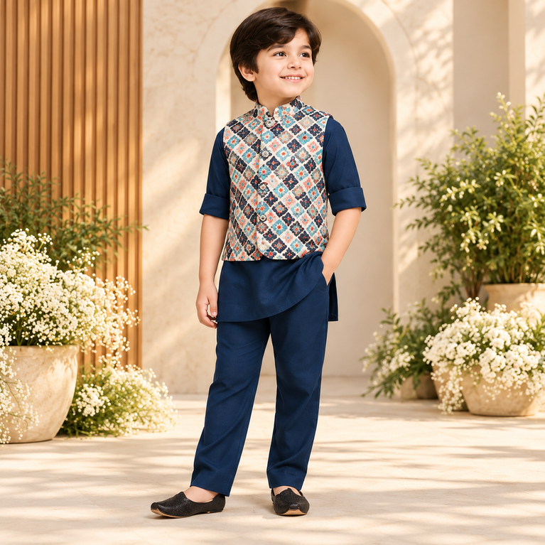 Aagam Full Sleeves Solid Kurta Pyjama Set with Printed Jacket - Navy Blue