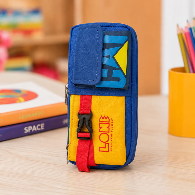 Multipurpose Pencil Pouch with Multiple Compartments & Zipper | Blue, Yellow & Red School Organiser
