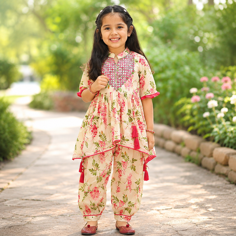 Krazy Girls Floral Printed Gotta Patti Pure Cotton Kurta with Salwar Set