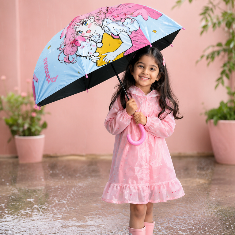 Kids Cartoon Print Umbrella with Pink Handle | Cute Rain Umbrella
