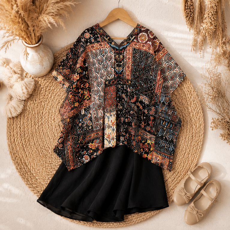 Black Multi-Print Boho Kaftan Top with Black Palazzo Set | Ethnic Wear for Kids | Comfortable Party &amp; Festive Outfit