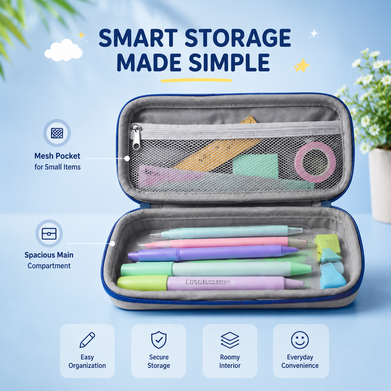 Kids Hard Shell Pencil Case with Spacious Storage & Durable Zip Closure – Blue & Red