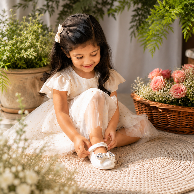 Girls' Pearl White Party Ballet Flats with Rhinestone Bow &amp; Adjustable Strap
