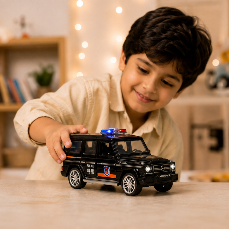 Mercedes-Benz G65 Style Alloy Police Car Toy for Kids | Pull-Back Die-Cast SUV with Light & Sound – Black