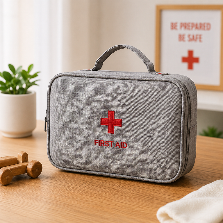 Portable First Aid Kit Empty Storage Bag | Waterproof Medical Organizer Case with Multiple Compartments | Travel, Home, Car &amp; Office Emergency Medicine Pouch (Grey/Blue)