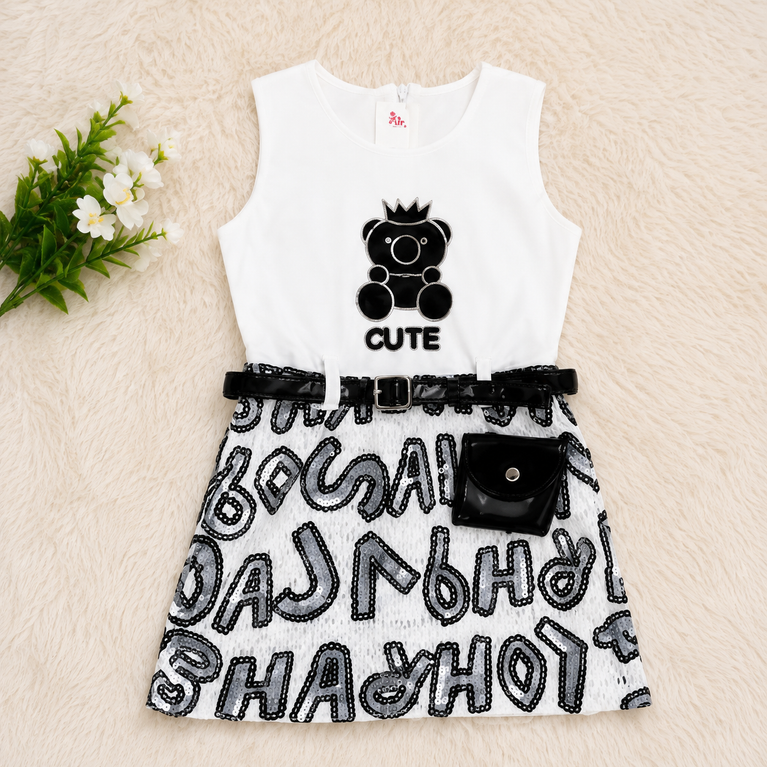 Girls White Teddy Graphic Dress with Black Jacket