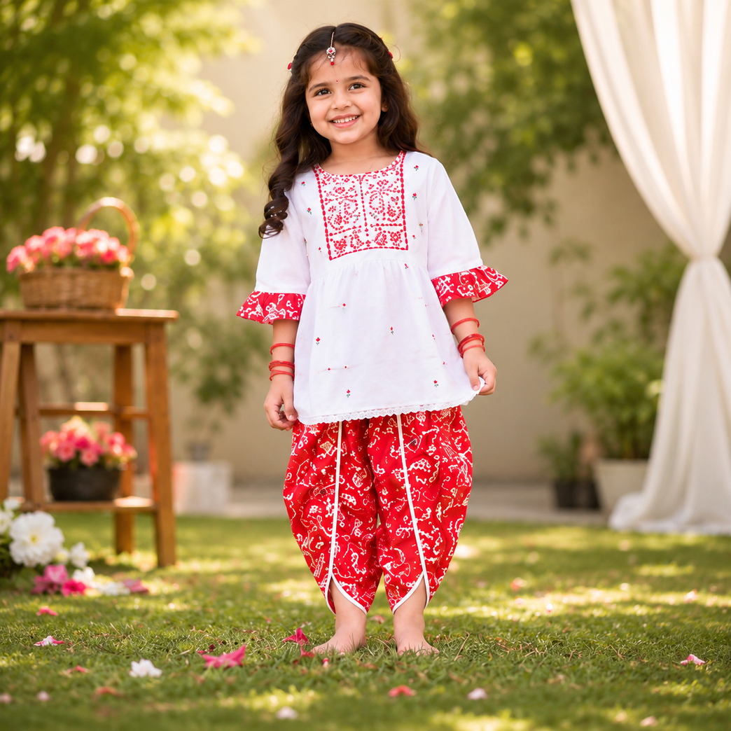 White Embroidered Peplum Kurti with Red Dhoti Pants Set | Kids Ethnic Festive Wear | Traditional Co-ord Outfit