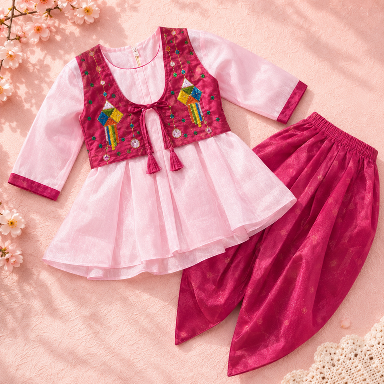 Girls Festive Dhoti Kurta Set with Embroidered Jacket – Traditional Ethnic Wear for Kids