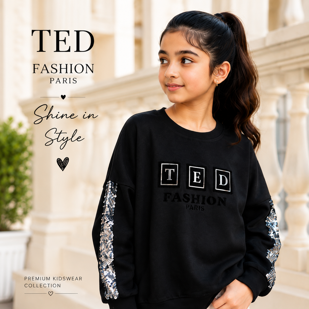Girls Premium Black Sequin Sleeve Sweatshirt – Stylish Casual Winter Top for Kids