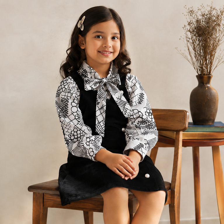 Black Pinafore Dress with Printed Bow Shirt & Matching Sling Bag | Stylish Kids Outfit