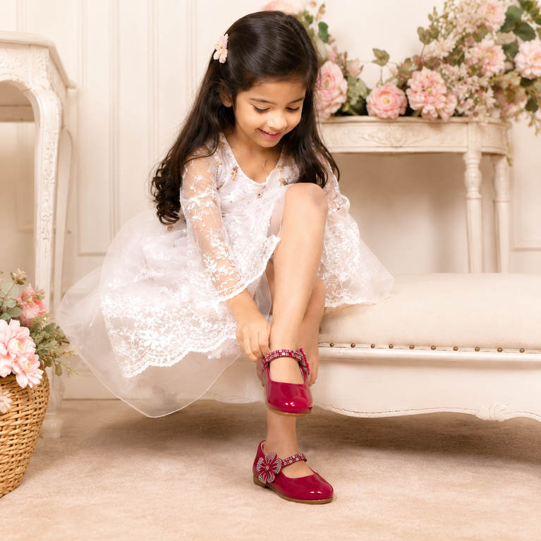 Girls' Glossy Red Party Ballet Flats with Rhinestone Flower &amp; Adjustable Strap