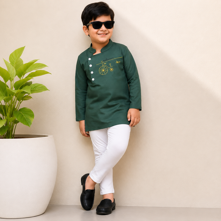 Ninos Boys Cotton Full Sleeves Festive Multidesign Party Kurta Pyjama Set- Olive