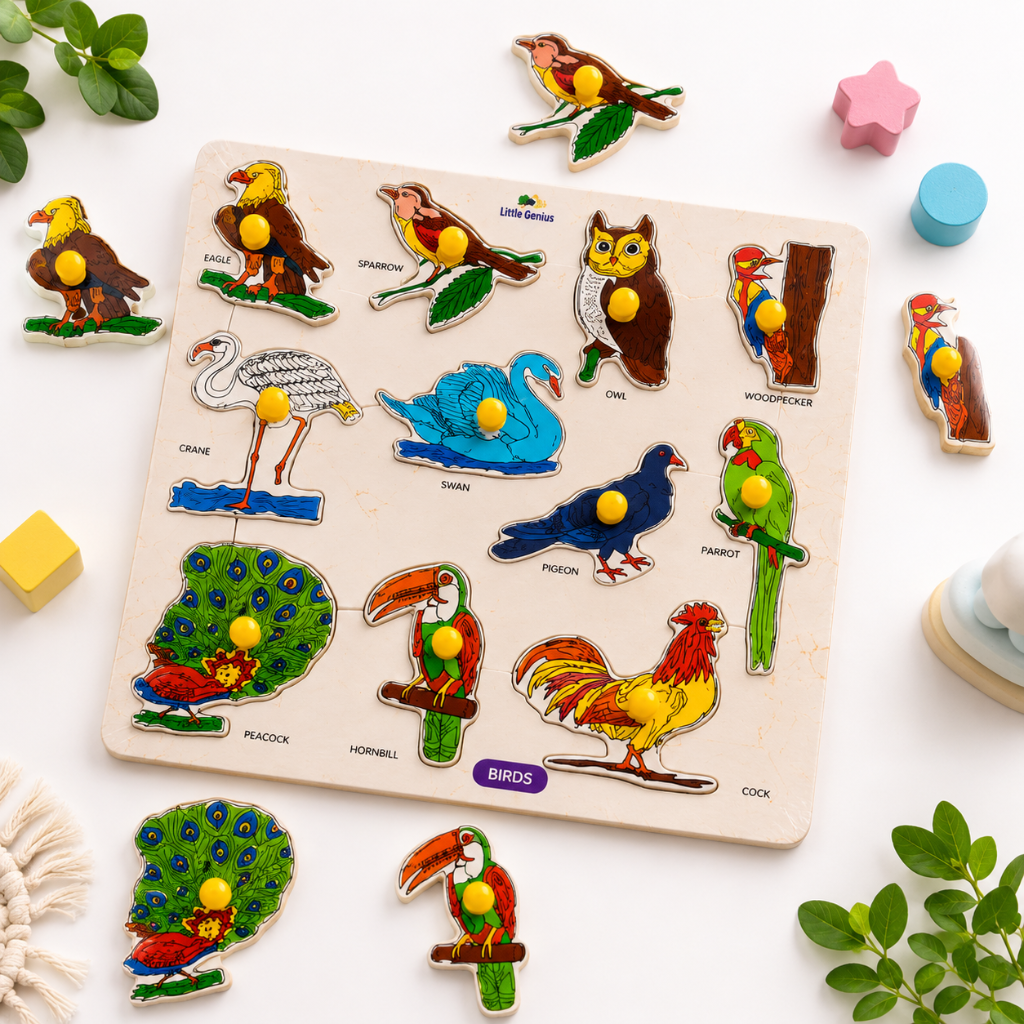 Wooden Birds Puzzle Board for Kids | Bird Identification & Montessori Educational Learning Toy