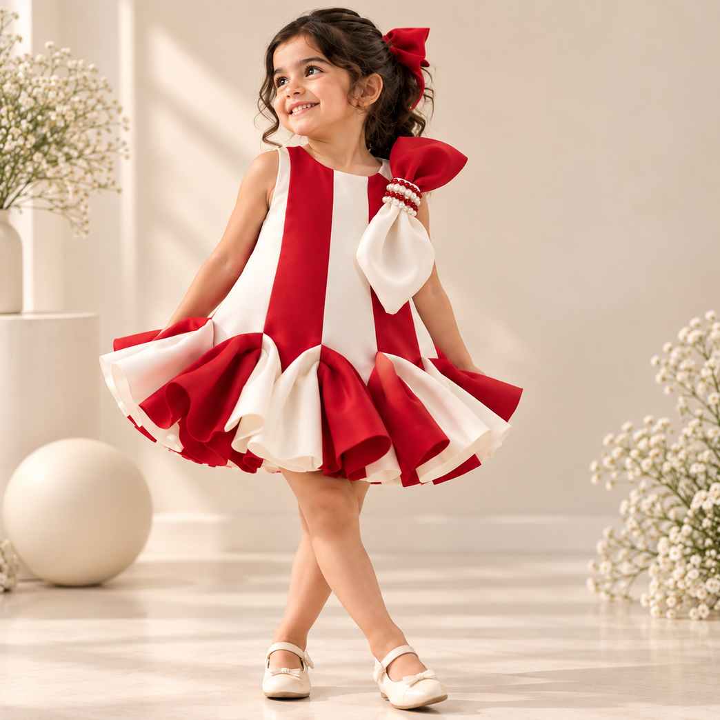 Girls Red & White Party Dress with Bow Detail