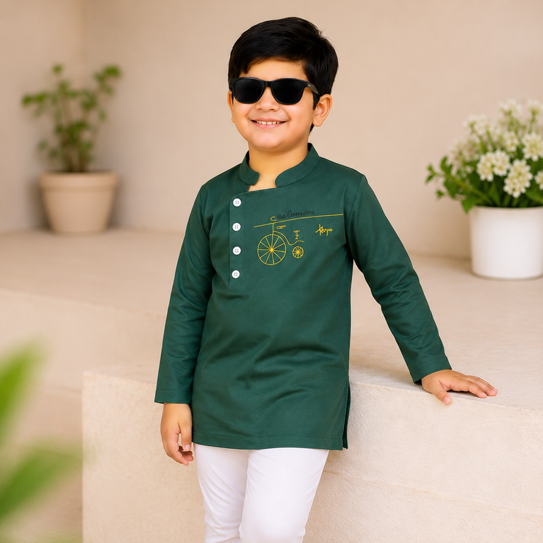 Ninos Boys Cotton Full Sleeves Festive Multidesign Party Kurta Pyjama Set- Olive