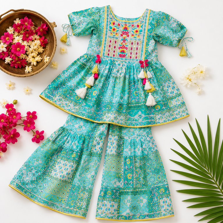 Krazy Girls Embroidery and Mirror work with Digital Print Peplum Top and Sharara Set