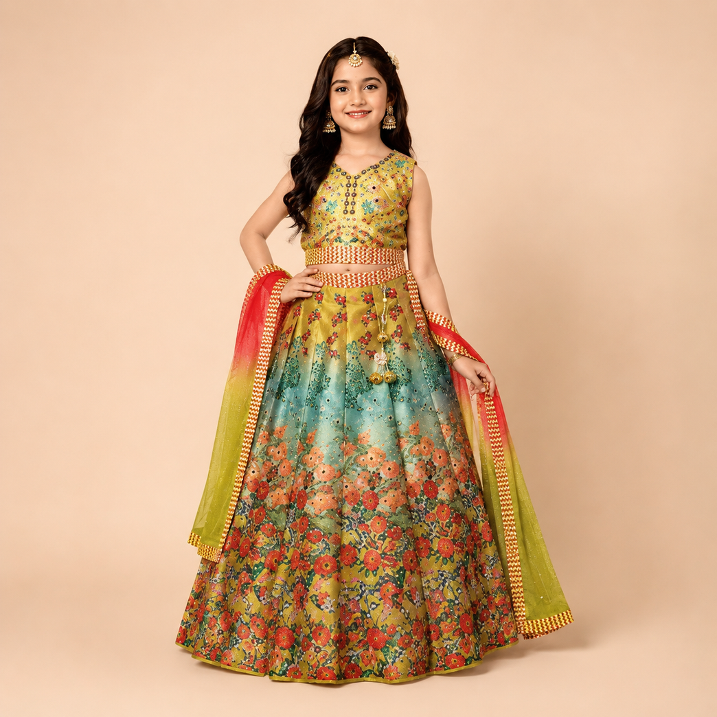 Girls Floral Printed Embroidered Lehenga Choli Set with Dupatta | Festive & Wedding Wear