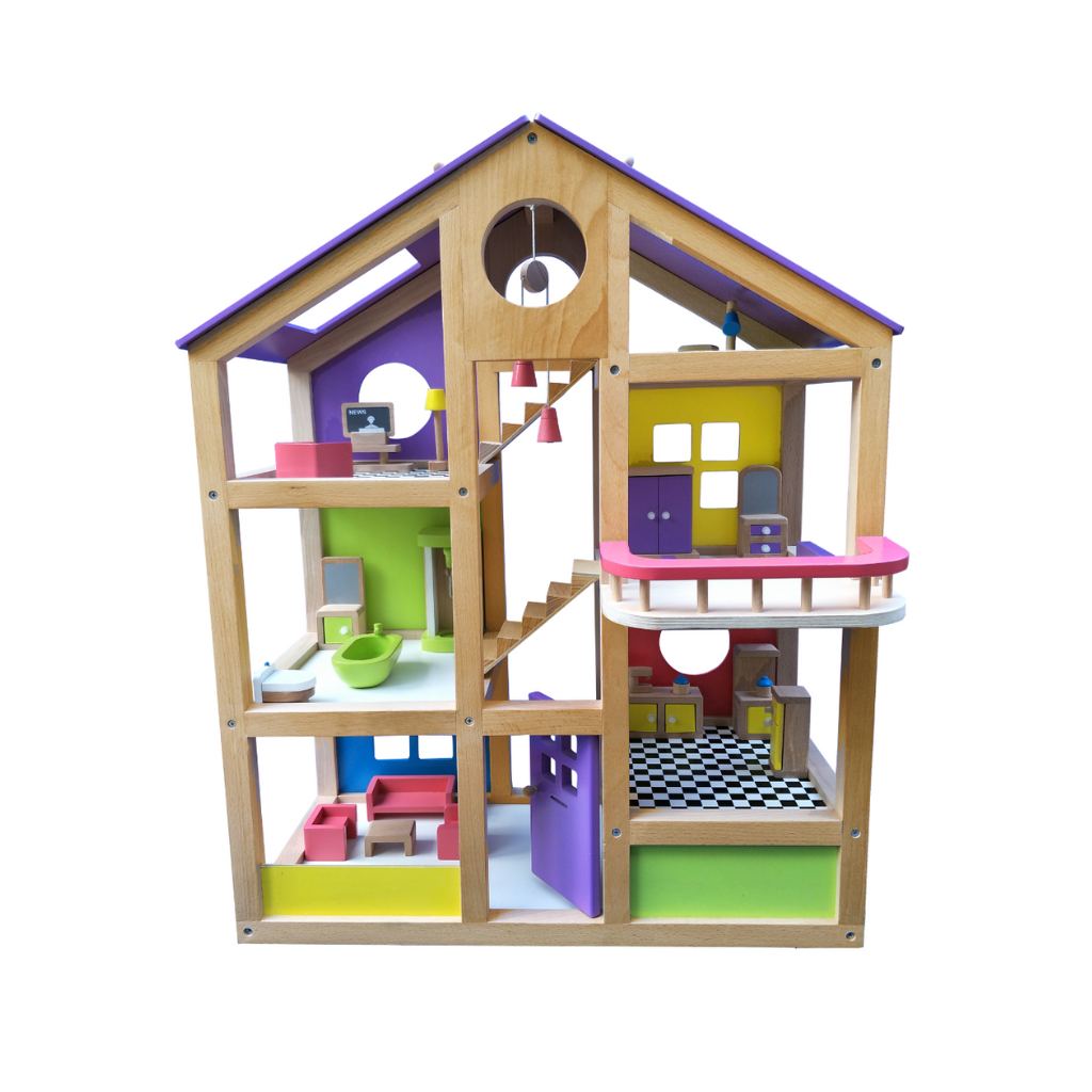 Hilife Premium Wooden Doll House for Kids – Multi-Level Playhouse with Furniture & Accessories | Eco-Friendly Wooden Pretend Play Toy for Girls & Boys | Montessori Role-Play Learning Toy