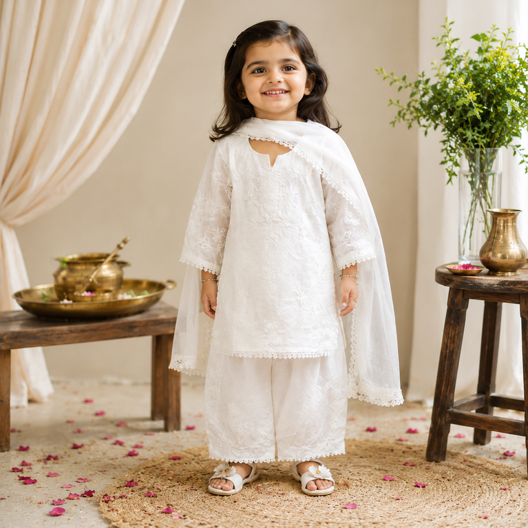 White Chikankari Embroidered Kurta Palazzo Set with Dupatta | Ethnic Wear for Kids