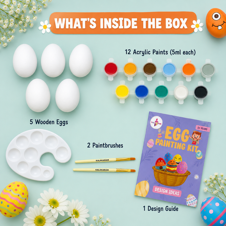 Kalakaram DIY Egg Painting Kit | 5 Wooden Eggs for Painting | Painting & Coloring Activity Kit