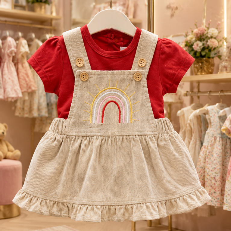 Kids Summer Top Skirt Set with Rainbow Print Dungaree Dress