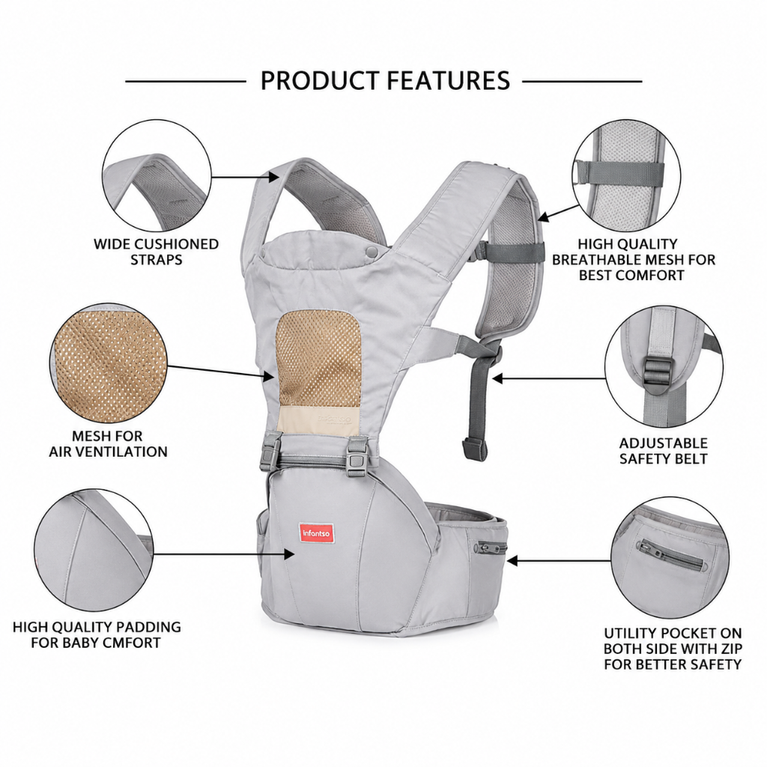 INFANTSO-Little Voyager Hip Seat Baby Carrier - 100% Polyester, 3 Positions (Inward, Outward, Back Carrying), Ergonomic Design for 4-36 Months (3.5-14.9kg), Adjustable Lumbar Belt, Lightweight, Free Size, Hand Washable