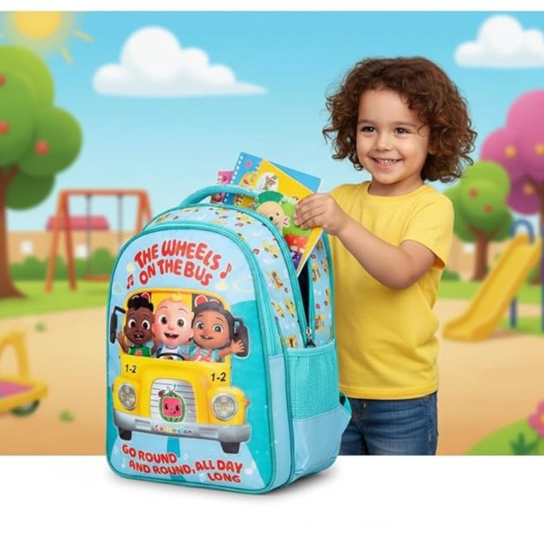 Striders CoComelon School Backpack with Light & Music – The Wheels on the Bus 3D Design (16 inches)