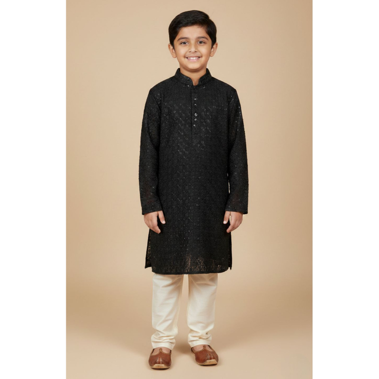 Boys Black Embroidered Chikankari Kurta with Cream Pajama Set - 2 Piece Festive Ethnic Outfit