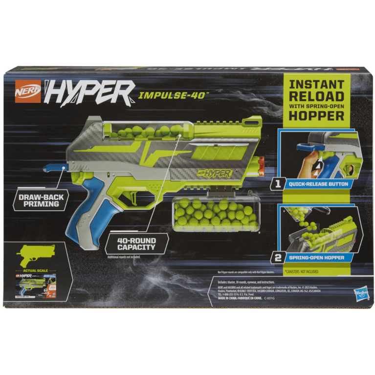 Nerf Hyper Impulse-40 Blaster, 30 Nerf Hyper Rounds, Spring-Open Instant Reload Hopper, Up To 110 FPS Velocity, Eyewear Included, 14Y+