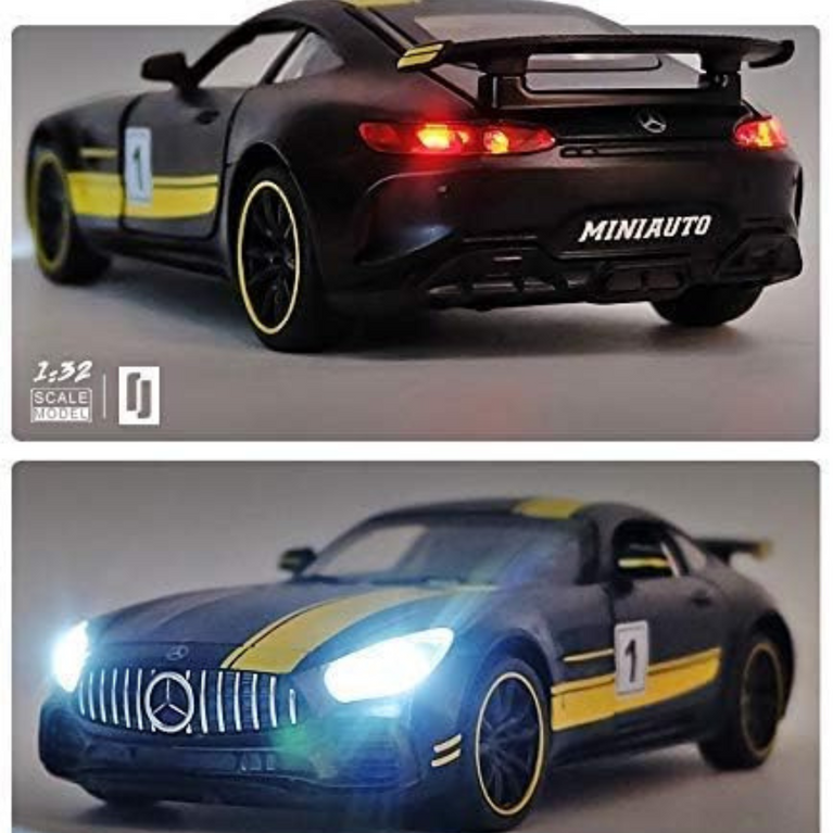 Nino's Die-Cast Mercedes Benz GTR Toy Car with Pull Back Action, Lights & Sound (White/Black)