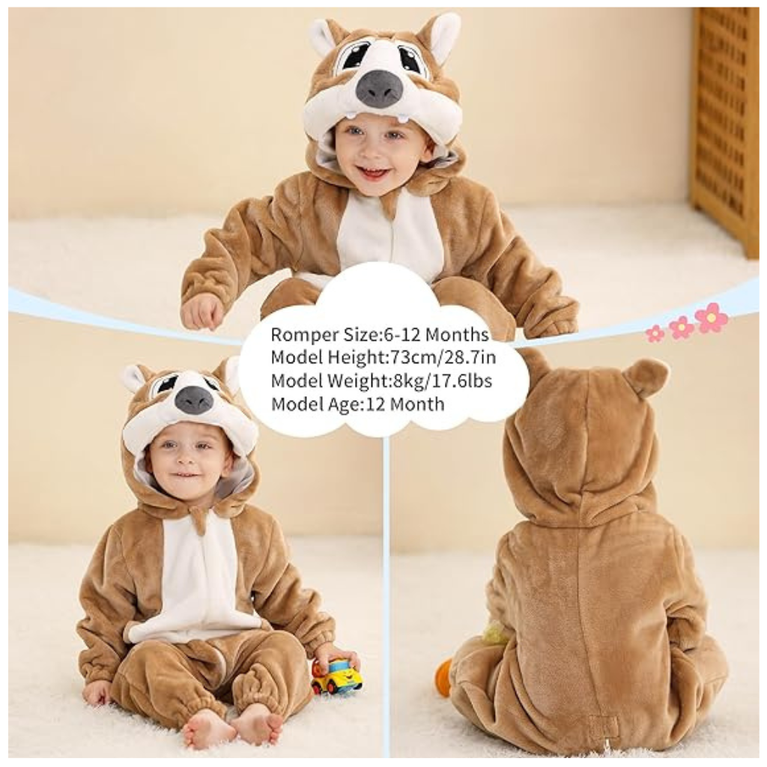 Michley- Unisex Baby Winter Hooded Romper Flannel Squarell Style Stitch Animal Long Sleeves Zip Cosplay Dress