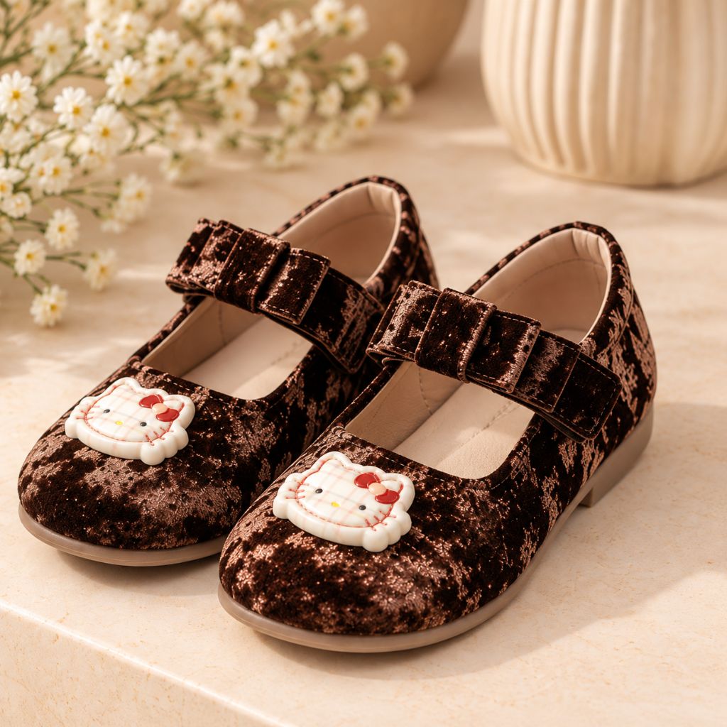 Girls' Velvet Ballerina Shoes with Bow, Cute Cartoon Embellishment and Adjustable Strap, Mary Jane Style