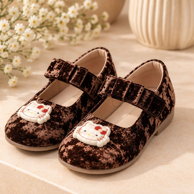 Girls' Velvet Ballerina Shoes with Bow, Cute Cartoon Embellishment and Adjustable Strap, Mary Jane Style