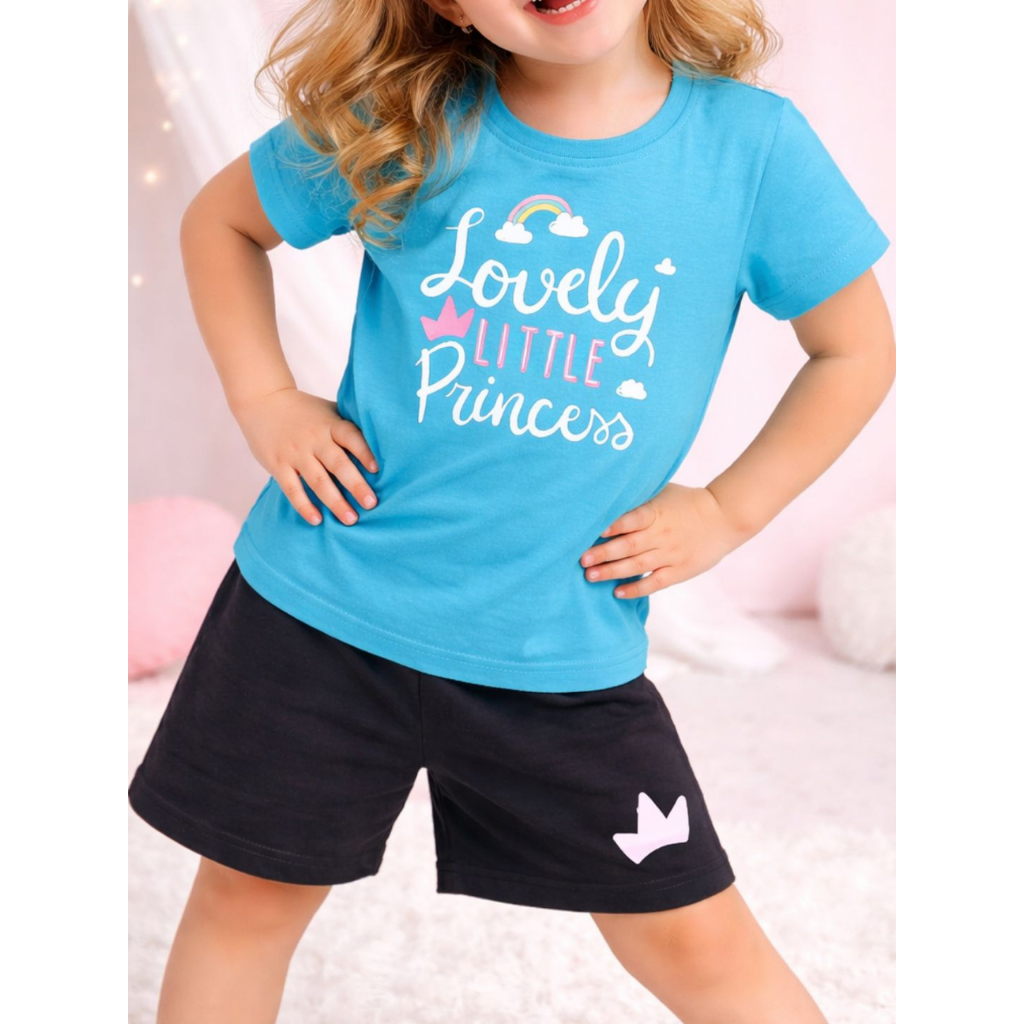 Ninos 100% Cotton Knit Half Sleeves "Lovely Little Princess" Printed Coordinating Tee & Shorts Set