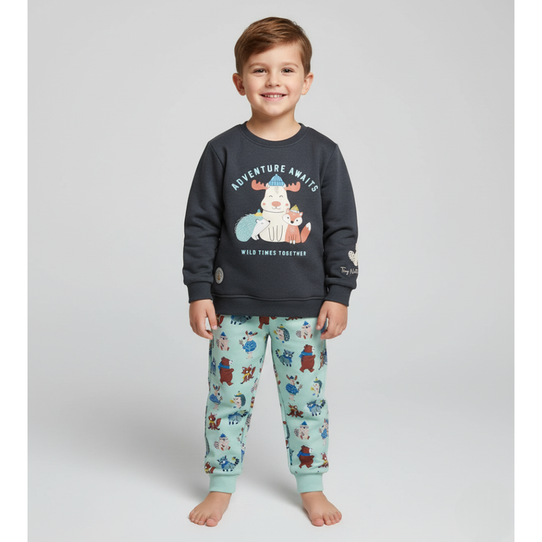 CUCUMBER- Fleece Knit Full Sleeves Winter Wear Night Suit With Animal Print