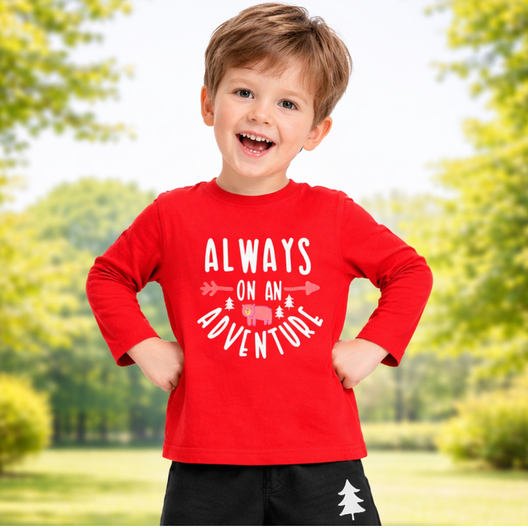 Ninos 100% Cotton Knit Full Sleeves "ALWAYS ON AN ADVENTURE" Printed T-shirt and Pant Set for Boys