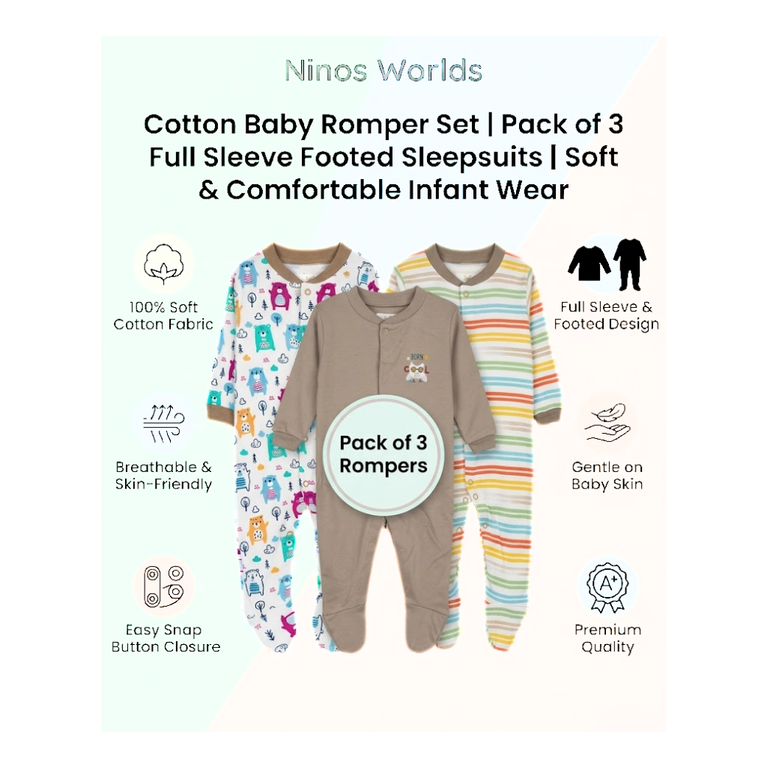 Ninos Worlds Interlock Knit Full Sleeves Footed Sleep Suits With Print & Patch Pack of 3 - Multicolor