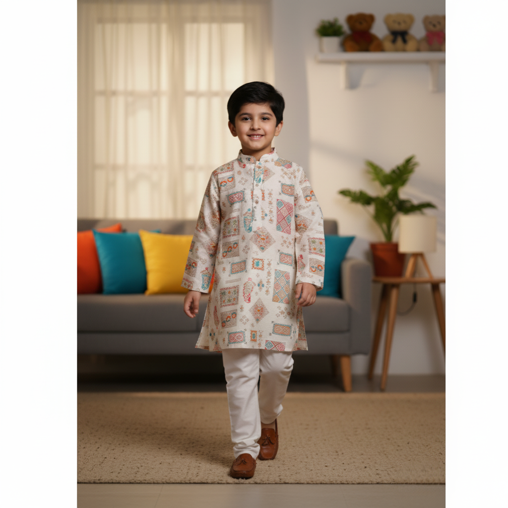 NINOS Boys Off-White Multi-Color Printed Kurta Pajama Set – Festive & Ethnic Wear for Kids