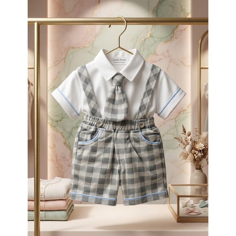 Kids Summer Formal Checks Shirt Shorts Set with Tie