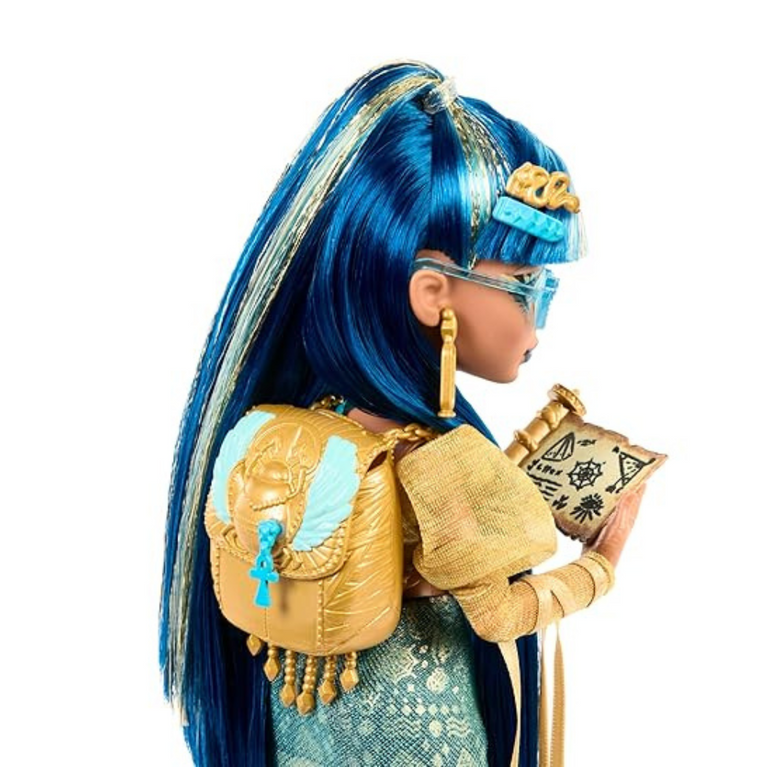 Monster High Cleo De Nile Doll in Golden Blouse and Layered Skirt, Includes Pet Cobra Hissette and Accessories Like a Backpack, Snack and Scroll